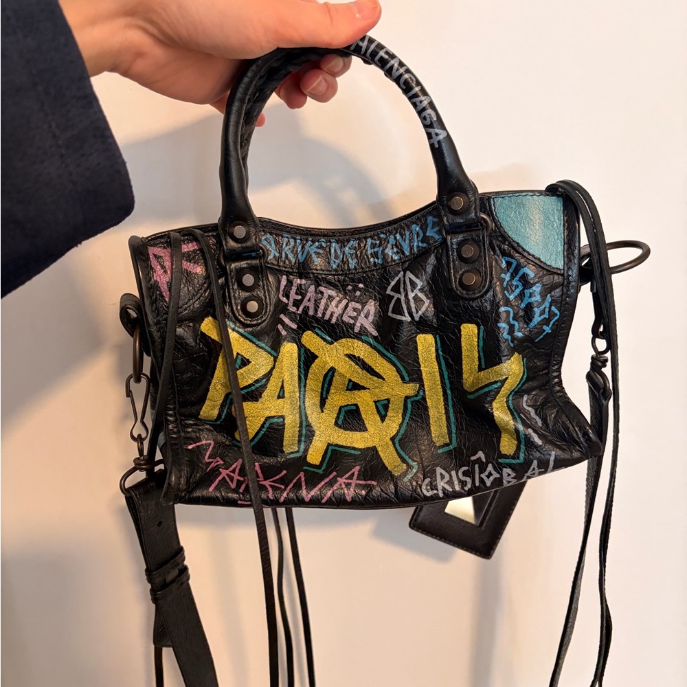 Balenciaga Black Leather Mini City Bag with Multicolor Graffiti - Picture 8 of 11